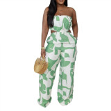 2025 New Elegant Tube Top Printed Waist-baring Wide-leg Jumpsuit