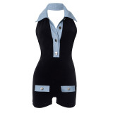 Black Denim Contrast Summer Women'S Jumpsuit Shorts Rompers