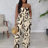 2025 New Elegant Tube Top Printed Waist-baring Wide-leg Jumpsuit