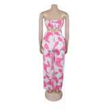 2025 New Elegant Tube Top Printed Waist-baring Wide-leg Jumpsuit