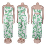 2025 New Elegant Tube Top Printed Waist-baring Wide-leg Jumpsuit