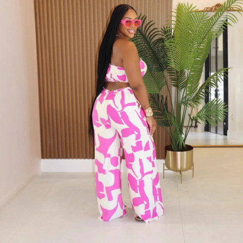 2025 New Elegant Tube Top Printed Waist-baring Wide-leg Jumpsuit