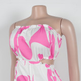 2025 New Elegant Tube Top Printed Waist-baring Wide-leg Jumpsuit