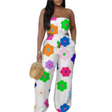 2025 New Elegant Tube Top Printed Waist-baring Wide-leg Jumpsuit