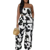 2025 New Elegant Tube Top Printed Waist-baring Wide-leg Jumpsuit