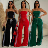 Womens 2 Pieces Stripes Tube Tops Bodycon Wide Leg Pants Tracksuit Outfits Set