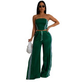 Womens 2 Pieces Stripes Tube Tops Bodycon Wide Leg Pants Tracksuit Outfits Set