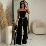 Womens 2 Pieces Stripes Tube Tops Bodycon Wide Leg Pants Tracksuit Outfits Set