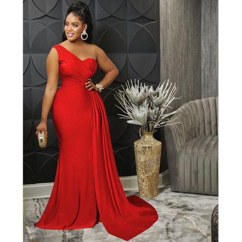 Solid One Shoulder Bodycon Maxi Dress Ruched Bridesmaid Evening Dress