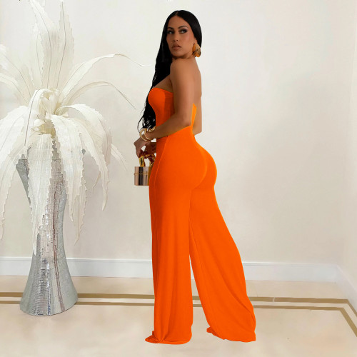 Women Sexy Comfy Strapless Deep V Tube Top Wide Leg Flare Jumpsuits