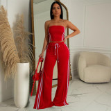 Womens 2 Pieces Stripes Tube Tops Bodycon Wide Leg Pants Tracksuit Outfits Set