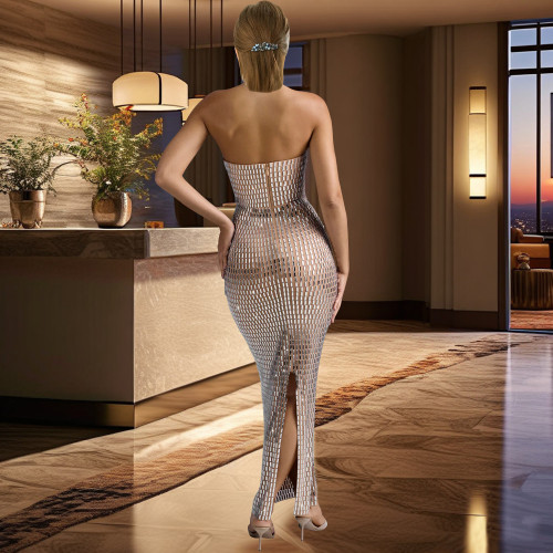 Solid Color Hot Drilling Strapless Long Evening Dress