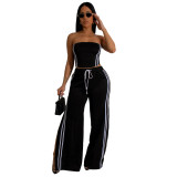 Womens 2 Pieces Stripes Tube Tops Bodycon Wide Leg Pants Tracksuit Outfits Set