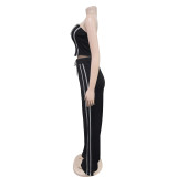 Womens 2 Pieces Stripes Tube Tops Bodycon Wide Leg Pants Tracksuit Outfits Set