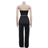 Womens 2 Pieces Stripes Tube Tops Bodycon Wide Leg Pants Tracksuit Outfits Set