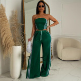 Womens 2 Pieces Stripes Tube Tops Bodycon Wide Leg Pants Tracksuit Outfits Set