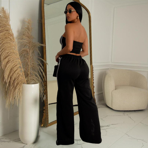 Womens 2 Pieces Stripes Tube Tops Bodycon Wide Leg Pants Tracksuit Outfits Set