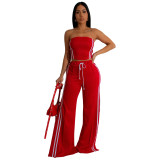 Womens 2 Pieces Stripes Tube Tops Bodycon Wide Leg Pants Tracksuit Outfits Set