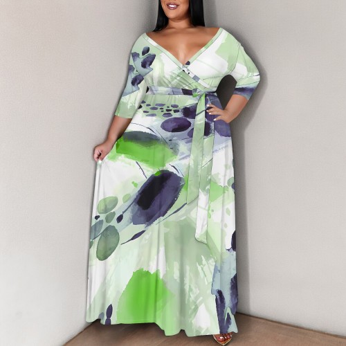 1 Piece Custom Casual Plus Size V Neck 3/4 Sleeve Flowy Party Evening Sundress