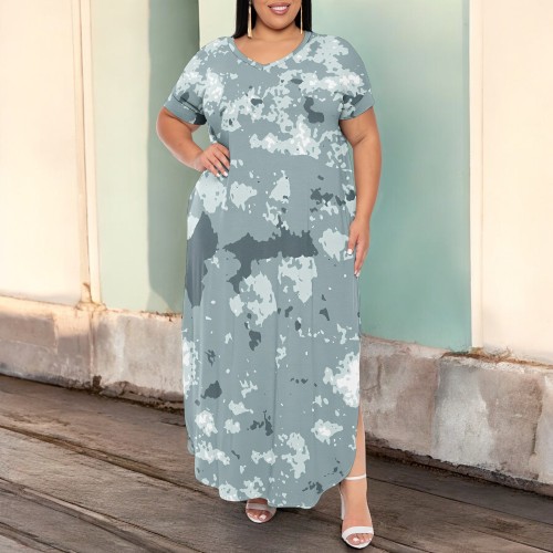 1 Piece Custom Casual Print V Neck Short Sleeve Plus Size Maxi Dresses