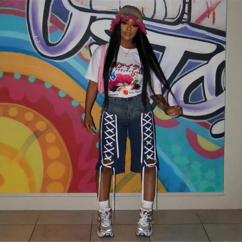 Retro Drawstring Stretch Washed Denim Mid Shorts