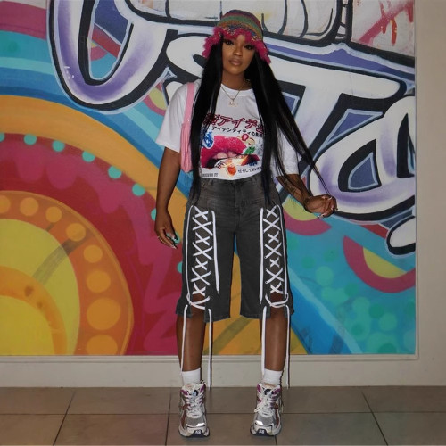 Retro Drawstring Stretch Washed Denim Mid Shorts