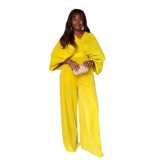 Fashion V-neck Bat Sleeve Shirt High Waist Pleated Two-piece Pant Set