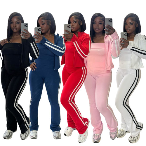 Striped Zipper Long-sleeved Jacket Tube Top Sports Three-piece Set