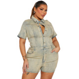 High Elastic Short Sleeve Vintage Washed Denim One Piece Rompers