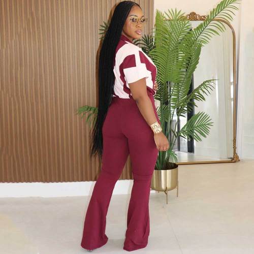 Spring/Summer Short-sleeved Stitching Contrast Color Jumpsuit