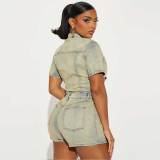 High Elastic Short Sleeve Vintage Washed Denim One Piece Rompers