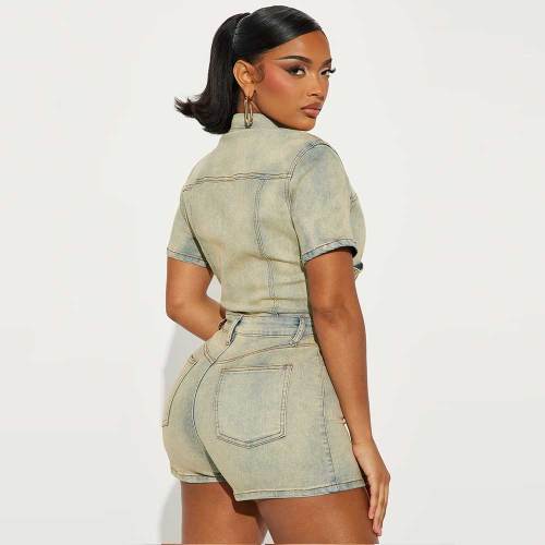 High Elastic Short Sleeve Vintage Washed Denim One Piece Rompers