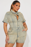 High Elastic Short Sleeve Vintage Washed Denim One Piece Rompers