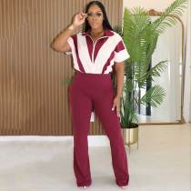 Spring/Summer Short-sleeved Stitching Contrast Color Jumpsuit