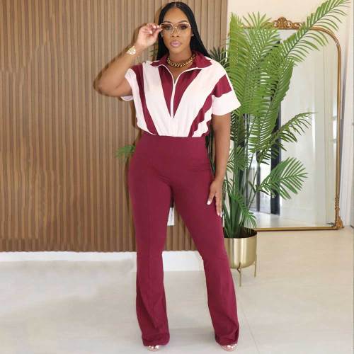 Spring/Summer Short-sleeved Stitching Contrast Color Jumpsuit