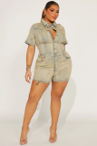 High Elastic Short Sleeve Vintage Washed Denim One Piece Rompers