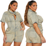 High Elastic Short Sleeve Vintage Washed Denim One Piece Rompers