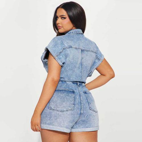 High Elastic Denim Jumpsuit Romper Short Sleeve Washed Distressed Romper