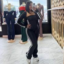 Striped Zipper Long-sleeved Jacket Tube Top Sports Three-piece Set
