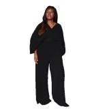 Fashion V-neck Bat Sleeve Shirt High Waist Pleated Two-piece Pant Set