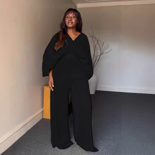 Fashion V-neck Bat Sleeve Shirt High Waist Pleated Two-piece Pant Set