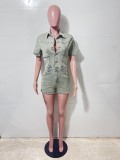 High Elastic Short Sleeve Vintage Washed Denim One Piece Rompers