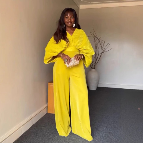 Fashion V-neck Bat Sleeve Shirt High Waist Pleated Two-piece Pant Set