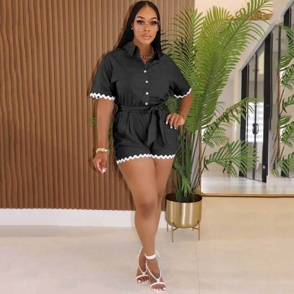 Summer Wave Trim Linen Lapel Short Romper