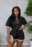 Summer Wave Trim Linen Lapel Short Romper