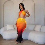 Sexy Casual Gradient Print Backless Halter Sleeveless Two Pieces