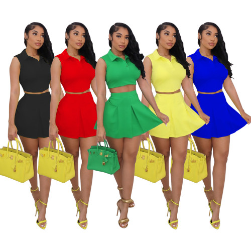 Women Mini Pleated Skirts Suit Mini T-shirt Turn-down Neck Matching 2 Piece Set