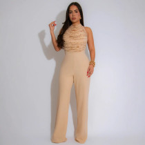 Womens Sleeveless Casual Summer Contrast Sequin Leg Cami Jumpsuit