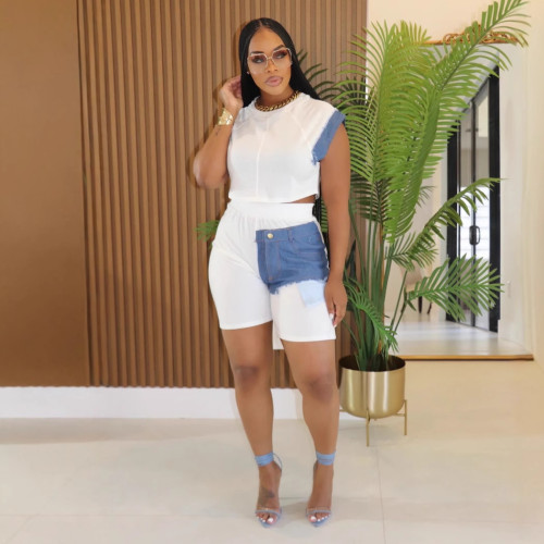 Casual Denim Patchwork Short Sleeved Top and Shorts Two-piece