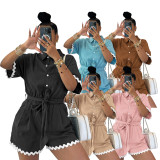 Summer Wave Trim Linen Lapel Short Romper